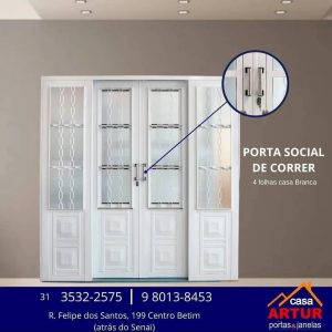 PORTA SOCIAL DE CORRE 4 FOLHAS-AÇO BRANCO GRADE QUADRICULADA